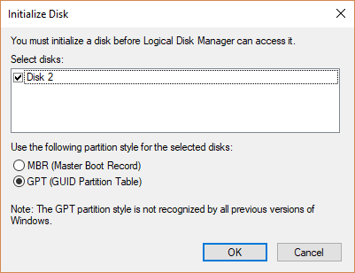 The Initialize Disk dialog box with the GPT partition style selected