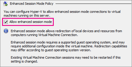 Screenshot that shows the Allow enhanced session mode checkbox for Enhanced session mode policy.