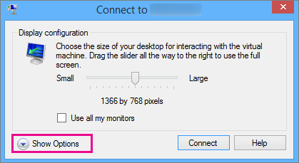 Screenshot that calls out Show options on the bottom left of the dialog box.