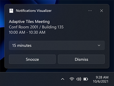 Ein Screenshot einer App-Benachrichtigung mit Textzeilen, die Zeit und Ort einer Besprechung beschreiben. In einem Auswahlfeld ist „15 Minuten“ ausgewählt, und es gibt Schaltflächen mit den Bezeichnungen Snooze und Dismiss.