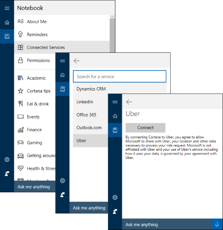 Cortana at work, showing where to connect the Uber service to Cortana.