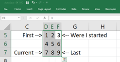 Abbildung einer Excel-Kalkulationstabelle, die mehrere ausgewählte Zellen zeigt. Die Auswahl beginnt oben rechts in Zelle F5 und endet in Zelle D7 unten links.