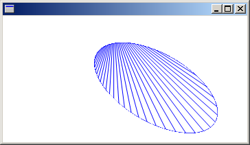 Screenshot eines Fensters, das eine Ellipse enthält, die mit Linien gefüllt ist, die an einem Punkt außerhalb der Ellipse stammen