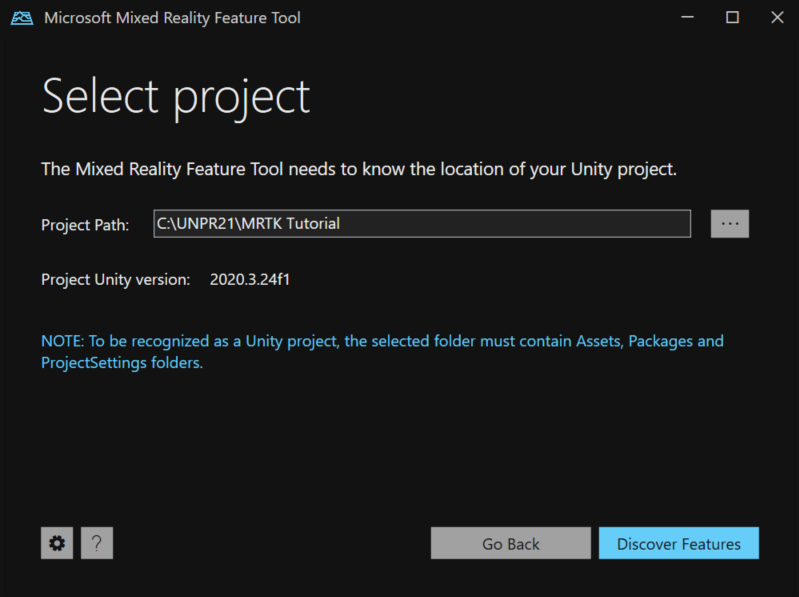 Screenshot of the Mixed Reality feature Tool Project Path screen.