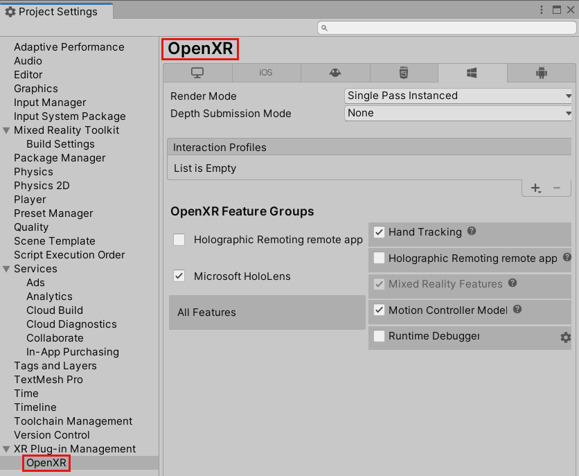 Screenshot of the Project Settings window with the OpenXR settings displayed.