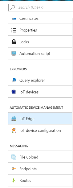Screenshot, der die Auswahl von I O T Edge im Menü unter Automatische Geräteverwaltung zeigt.