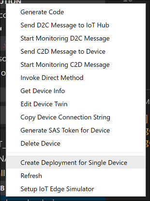 Screenshot: Kontextmenü Create Deployment for Single Device (Bereitstellung für einzelnes Gerät erstellen) ist hervorgehoben.