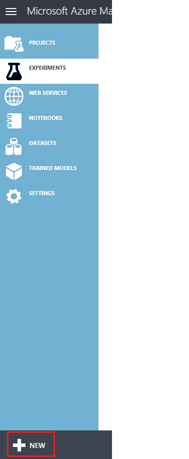 Screenshot of the Microsoft Azure Machine Learning Studio classic portal, which shows the highlighted New button in the menu.