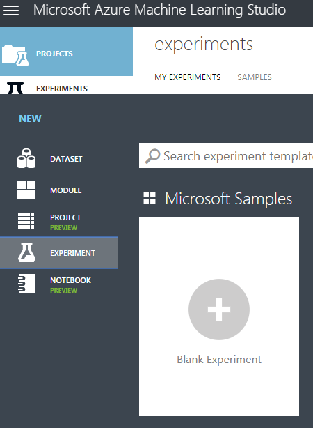 Screenshot of the Microsoft Azure Machine Learning Studio window, which shows the Experiment menu item is selected.