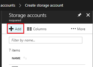 Screenshot of the Microsoft Azure window, which shows the Storage accounts screen and the highlighted Add button.
