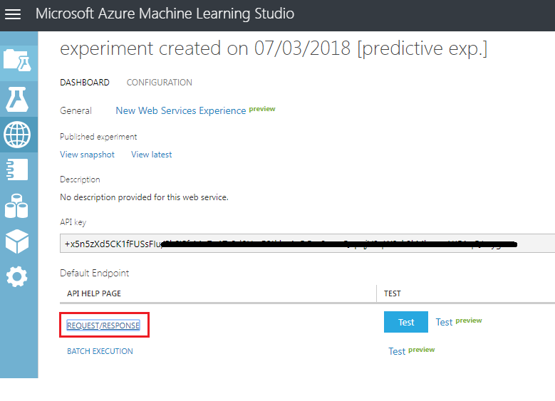 Screenshot of the Microsoft Azure Machine Learning Studio window, which shows the A P I key and the highlighted Request slash Response link.