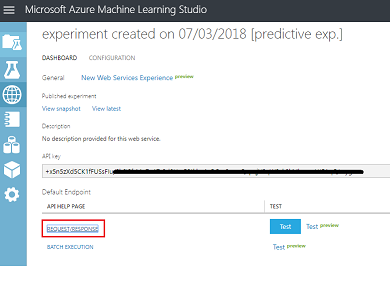 Screenshot of the Microsoft Azure Machine Learning Studio, which shows the Request slash Response link underneath A P I Help Page.