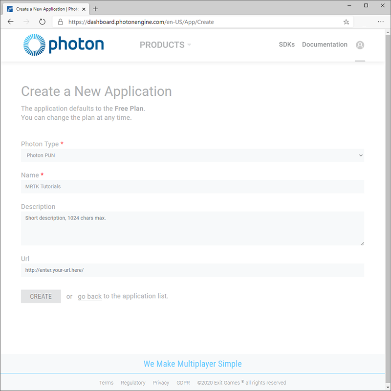 Photon-Seite „Anwendung erstellen“