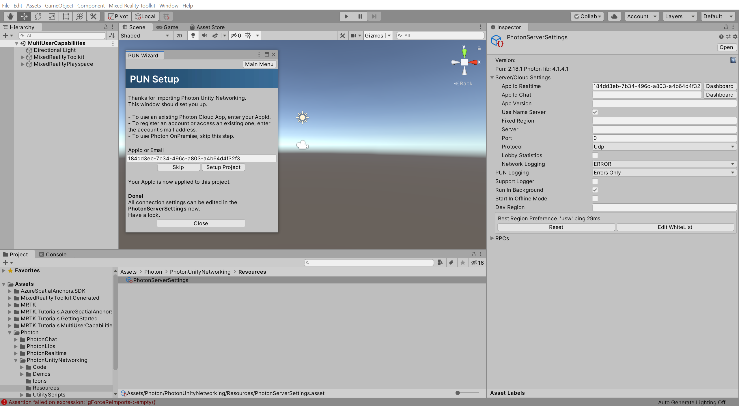 Unity-Fenster zum Einrichten von PUN mit angewendetem „Setup Project“