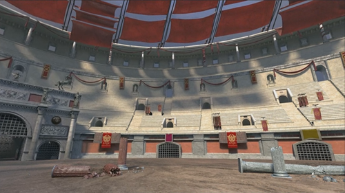 Das nachgebildete Kolosseum vom Boden der Arena aus gesehen. In HoloTour flattern die Banner in der Brise und vermitteln ein Gefühl von Bewegung.