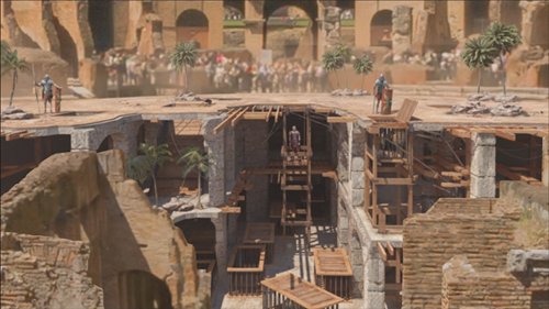 Die modernen Ruinen des Kolosseums mit einer Überlagerung, die den Arenaboden zeigt, wie er im alten Rom ausgesehen hätte.