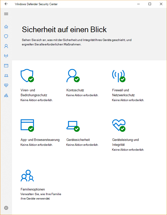 Screenshot des Windows-Sicherheit, der zeigt, dass das Gerät geschützt ist, und fünf Symbole für jedes feature.