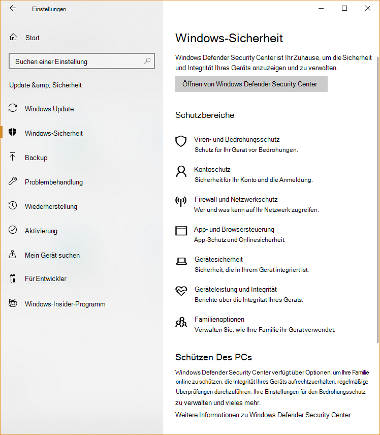 Screenshot der Windows-Einstellungen mit den verschiedenen Bereichen, die im Windows-Sicherheit verfügbar sind.