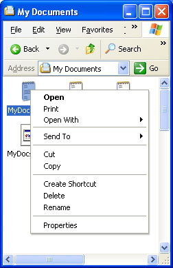 Screenshot des angepassten Kontextmenüs für Dateisystemobjekte