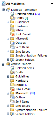 Screenshot von Outlook-Elementen mit unterschiedlichen Symbolen 