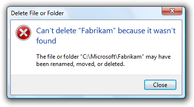 Screenshot der Nachricht: Fabrikam-Datei kann nicht gelöscht werden 