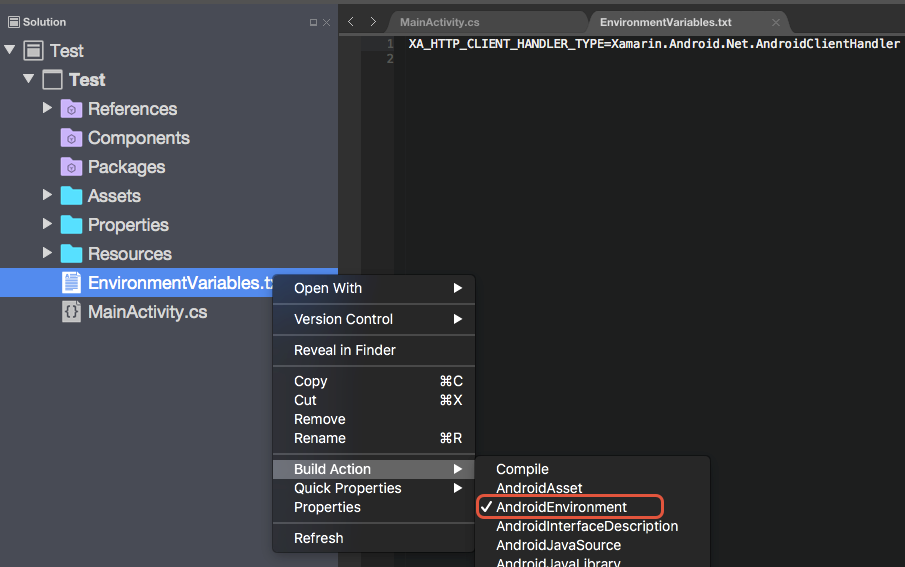 Screenshot der AndroidEnvironment-Buildaktion in Visual Studio für Mac.