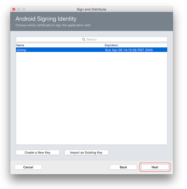 Dialogfeld „Signieren und verteilen“, Seite „Android Signing Identity“ (Android-Signaturidentität)