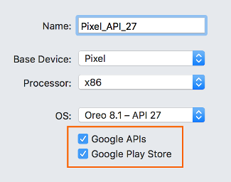 Beispiel für AVD mit aktiviertem Google Play Services und Google Play Store