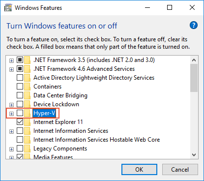 Deaktivieren von Hyper-V im Dialogfeld Windows-Features