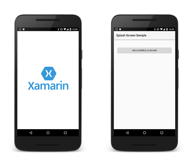 Beispiel für den Begrüßungsbildschirm des Xamarin-Logos gefolgt vom App-Bildschirm