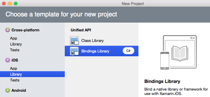 Führen Sie dazu Visual Studio für Mac aus, indem Sie den Projekttyp iOS-Bibliotheksbindungsbibliothek auswählen.