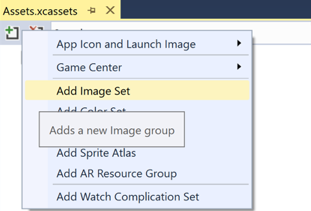 Screenshot: Erstellen einer neuen Bildgruppe im Ressourcenkatalog in Visual Studio
