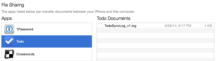 Dieser Screenshot zeigt die Dateien in der ausgewählten App, die über iTunes freigegeben wurden.