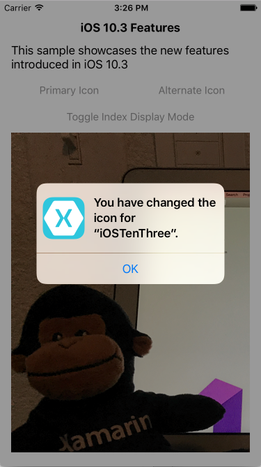 Eine Beispielwarnung, wenn eine App auf das primäre Symbol wechselt