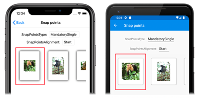 Screenshot einer CarouselView mit Start-Snap-Punkten unter iOS und Android