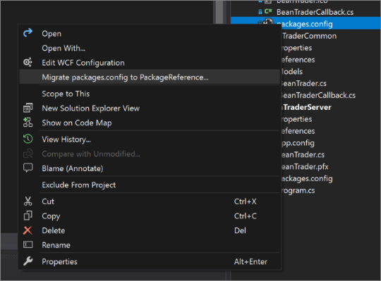 The Solution Explorer's context menu in Visual Studio, displaying the 'Migrate packages.config' item.