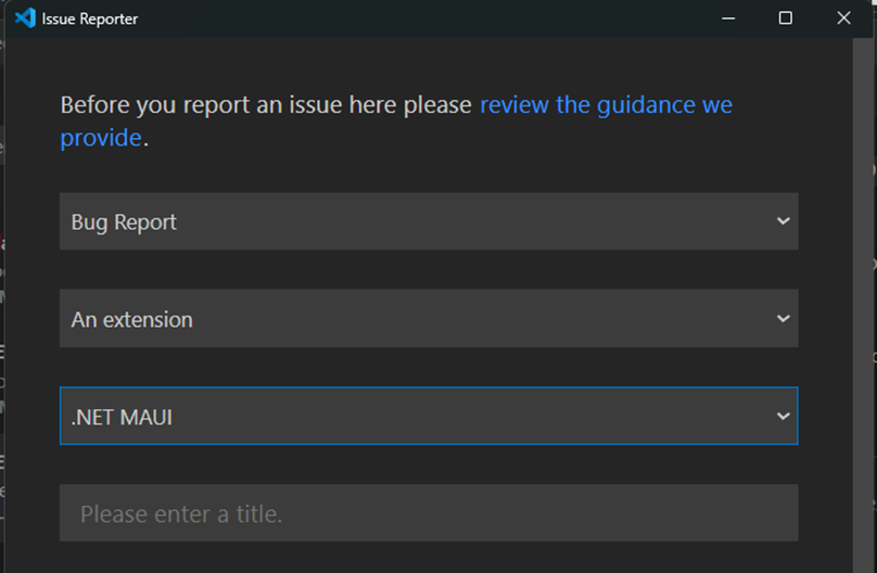 Picture of the report issue dialog in Visual Studio Code