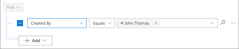 Screenshot that shows a condition row that filters for leads where the value of the Created By attribute equals John Thomas.