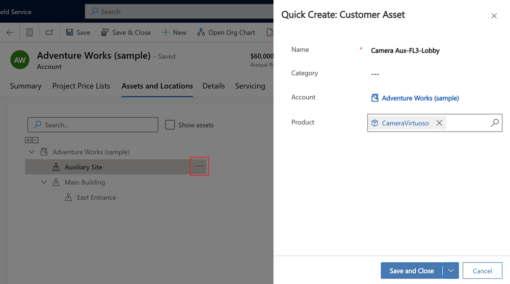 Screenshot of the Quick Create: Customer Asset pane on an account record.