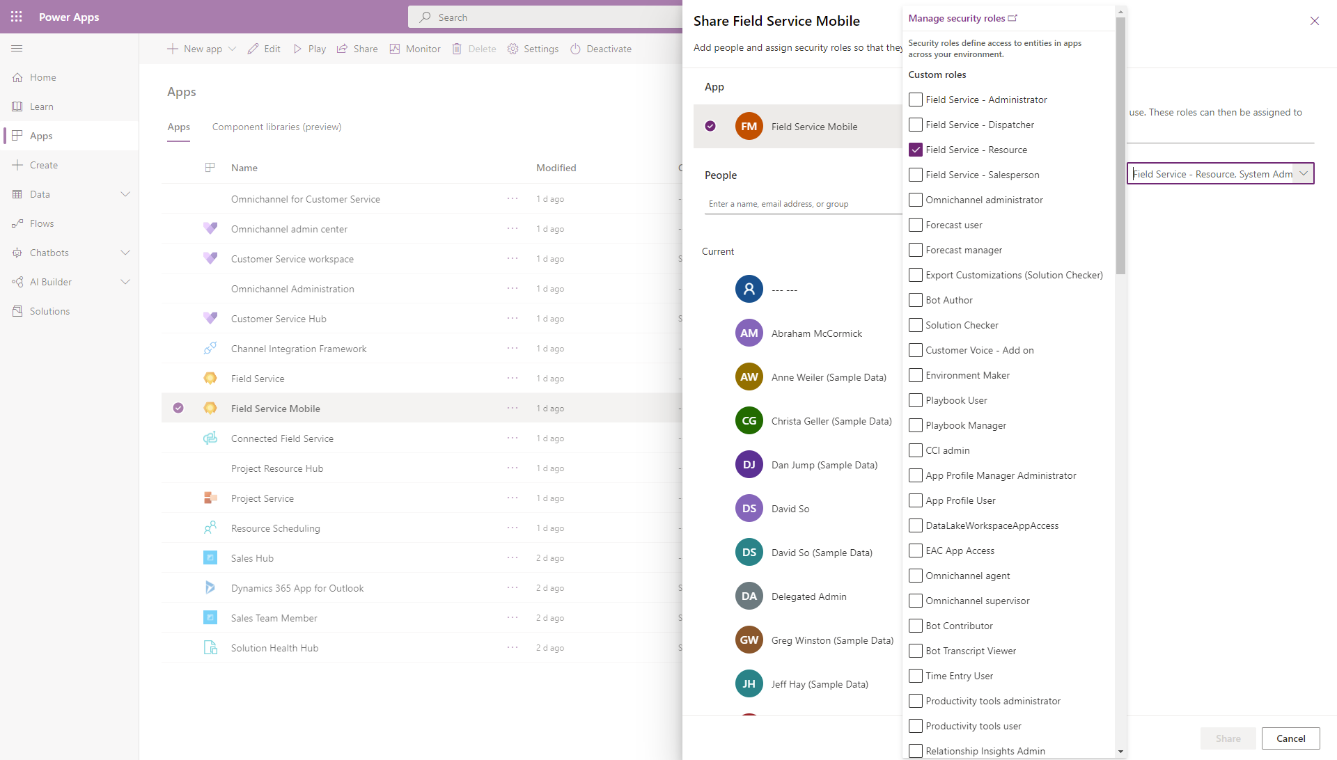 Screenshot of the Dynamics 365 list of apps, showing the Field Service Mobile solution in the list.