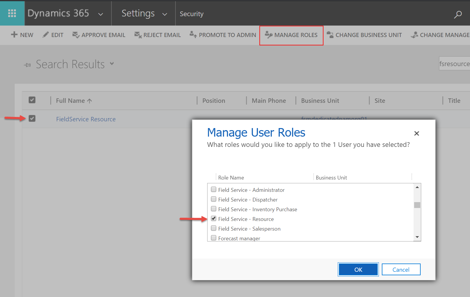 The Manage User Roles dialog in Dynamics 365.