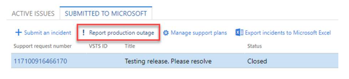 Screenshot of the Report production outage option being highlighted in the Submitted To Microsoft tab.