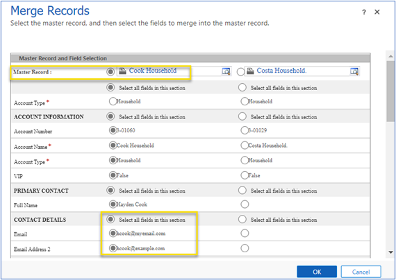 Select master record and fields to merge.