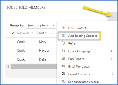 Add existing contact as household member.