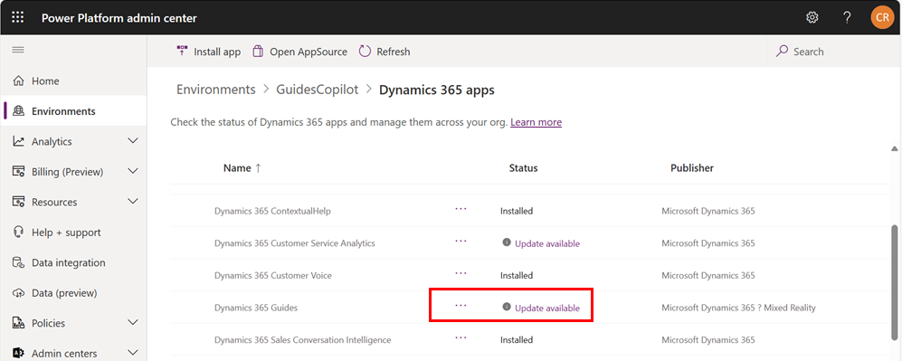Power Platform admin center Guides update available.