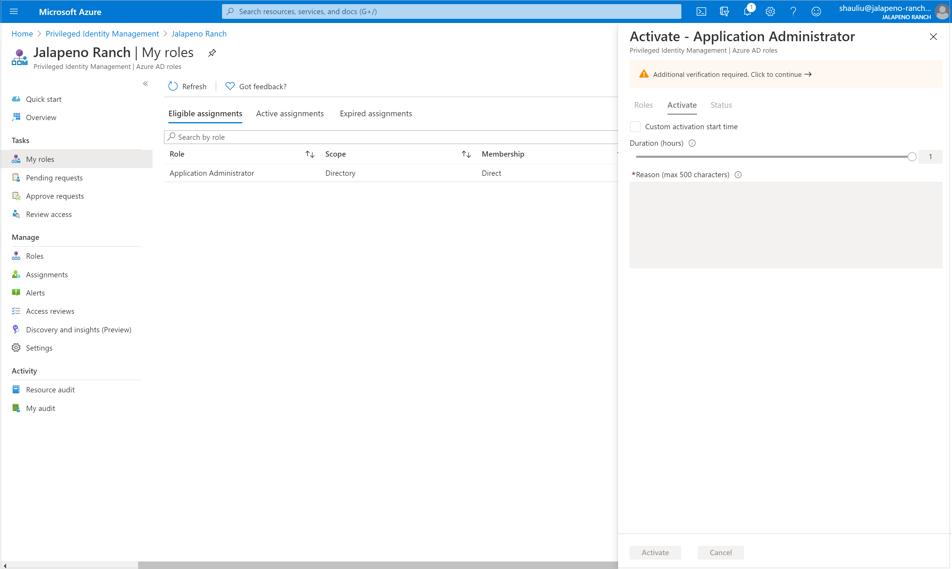 Azure AD roles - activation page contains duration and scope