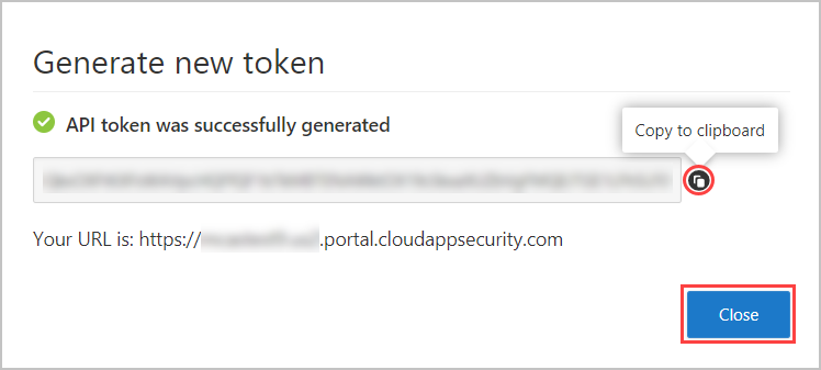 Screenshot of the token window, showing the token and the copy process.