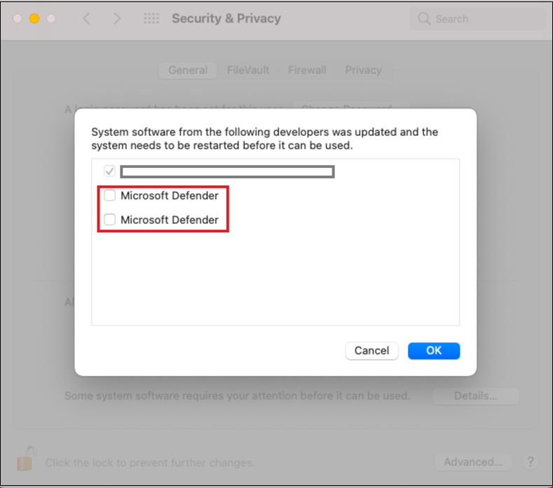 Screenshot that shows the security and privacy window.