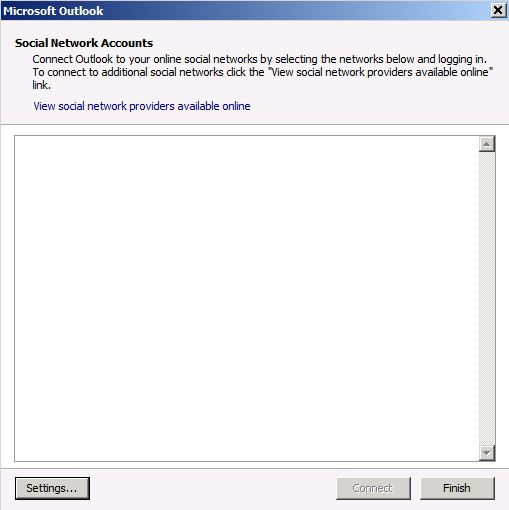 The screenshot of the Social Network Accounts dialog box when Disable Social Network Connectivity is set to 1.