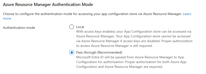 Screenshot showing pass-through authentication mode being selected under Azure Resource Manager Authentication Mode.